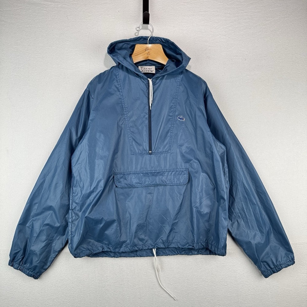 70's Vtg Lacoste Izod Packable Windbreaker Men's L Kangaroo Pouch 1/4 Zip Blue